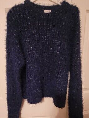 Navy Blue Fuzzy Metallic Knit Women's Sweater